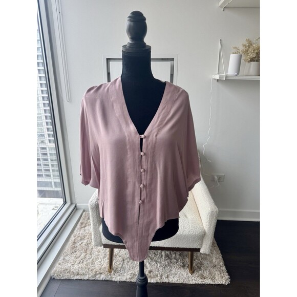 Nordstrom Sim & Sam Pink Button Front Tie Short Sleeve V-Neck Top Size Medium - Picture 1 of 5